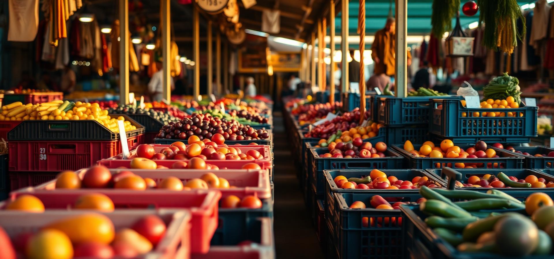 Caixas de fruta e legumes coloridos num mercado