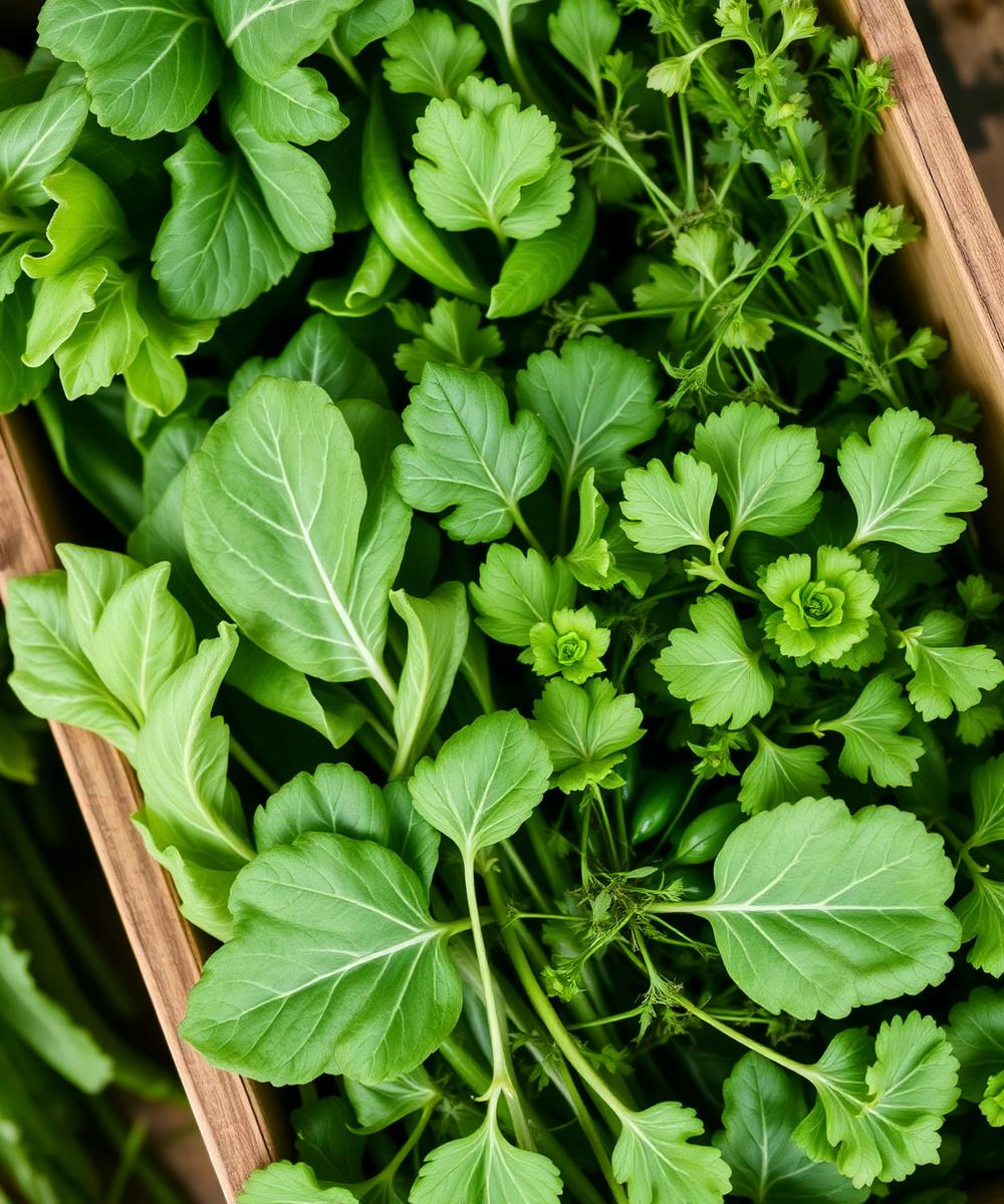 Folha verde e ervas aromáticas em caixa de madeira