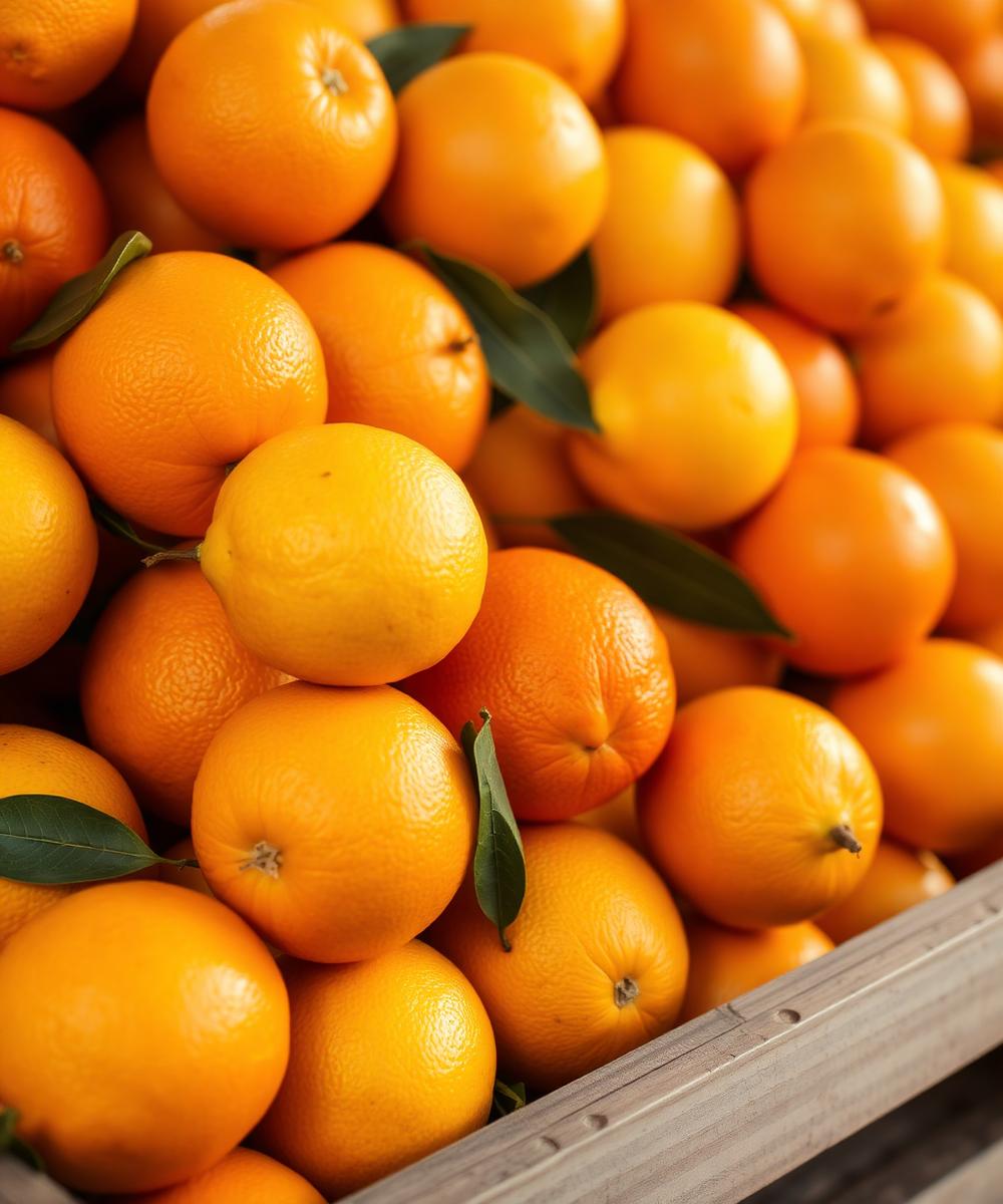 Laranjas e limões em caixa de madeira