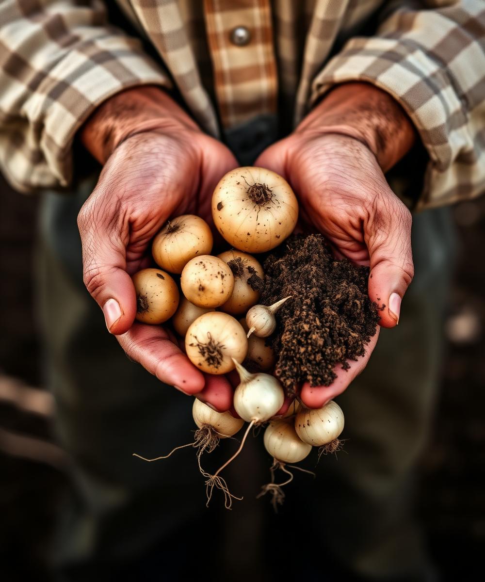 Mãos de agricultor com batatas e cebolas acabadas de colher