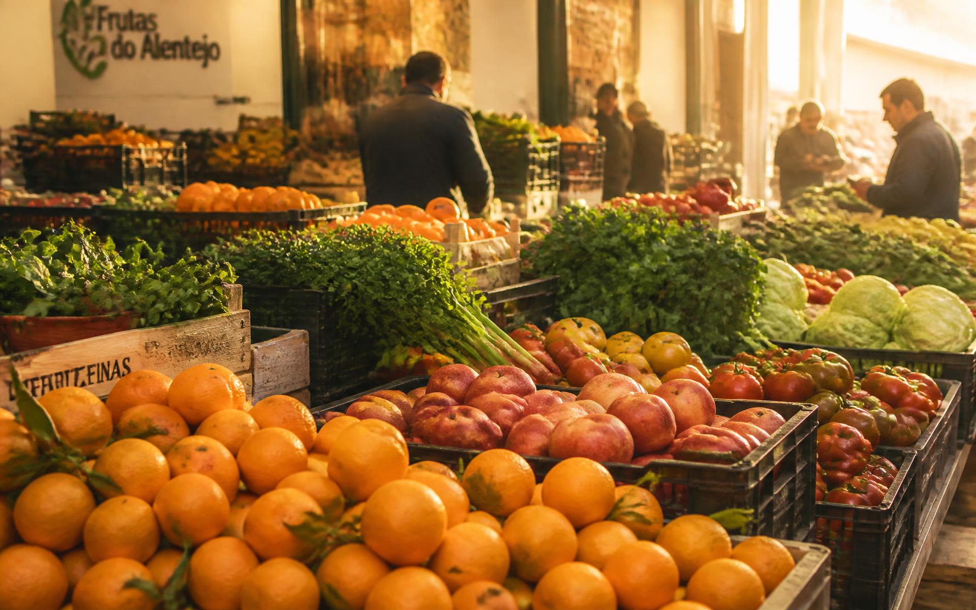 Bancas de fruta e legumes frescos ao amanhecer no Alentejo